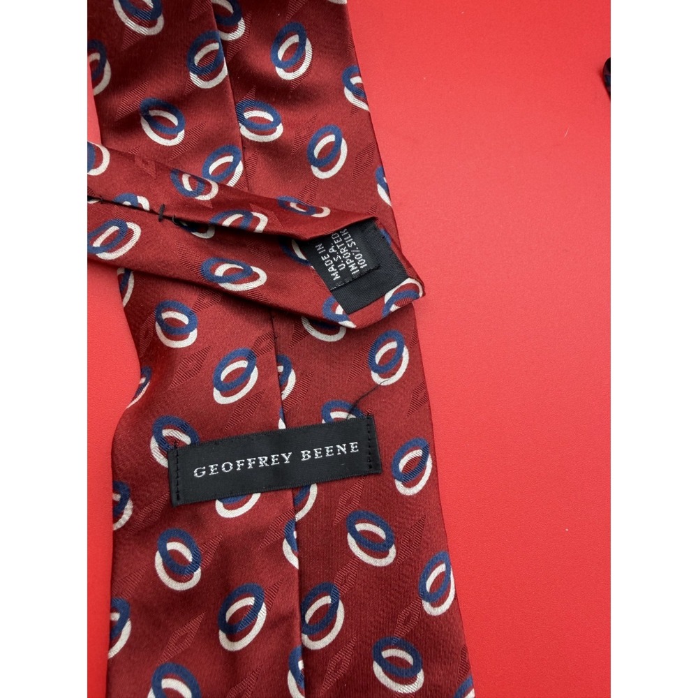 Geoffrey Beene Men's Made In USA 100% Silk Red With Blue & Silver Hoops Necktie